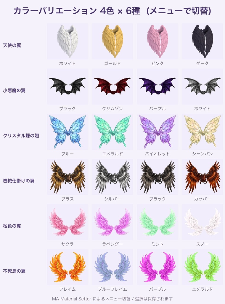 【無料あり】背中の翼コレクション6種【揺れ物PhysBone・4色切替・Quest対応・MA対応】
