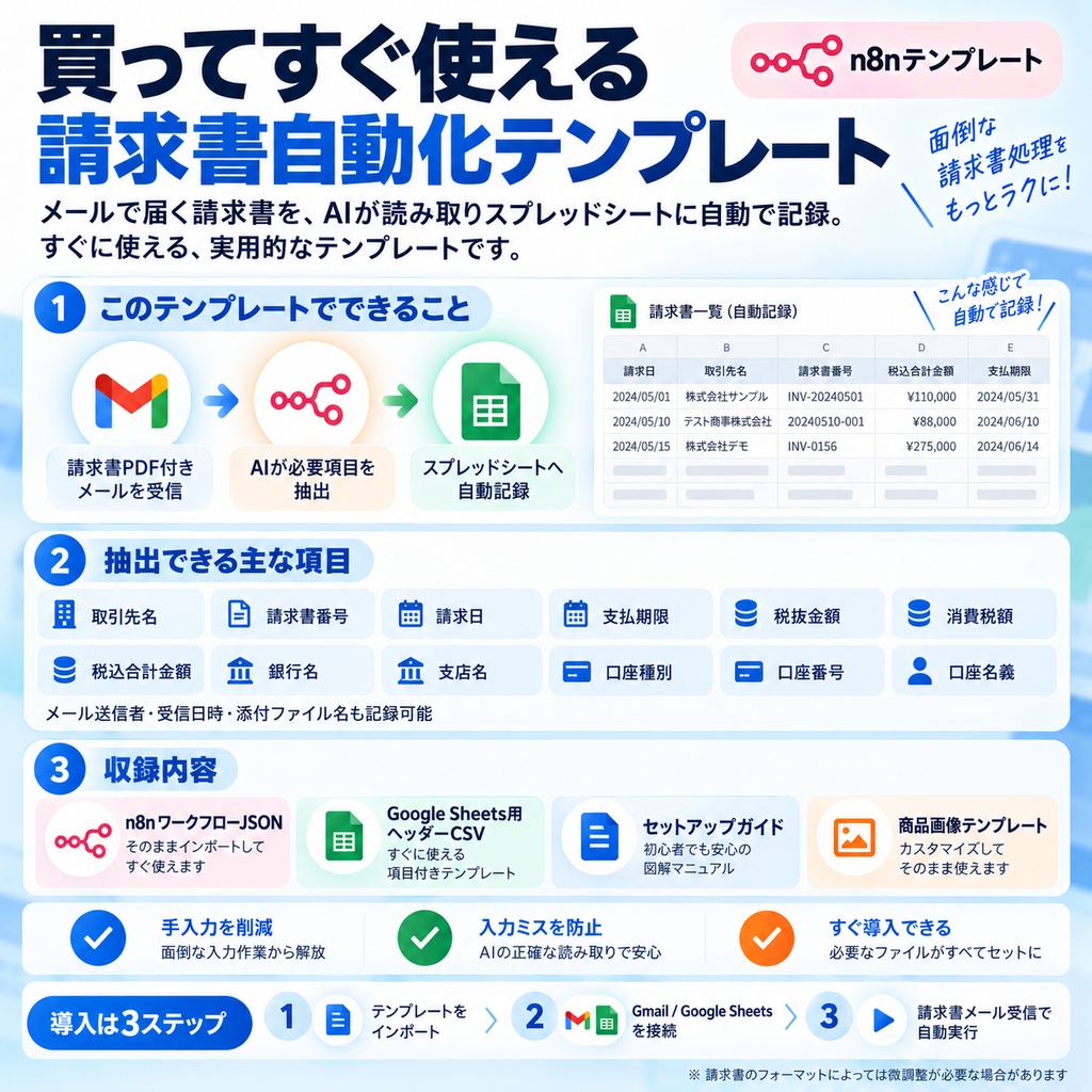 【n8nテンプレート】AI請求書処理自動化|Gmail→AI読取→Google Sheetsへ自動保存