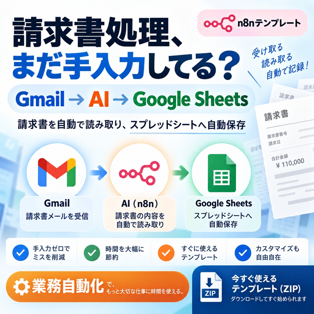 【n8nテンプレート】AI請求書処理自動化｜Gmail→AI読取→Google Sheetsへ自動保存