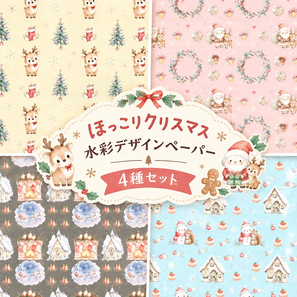 ほっこりクリスマス｜水彩デザインペーパー4種セット