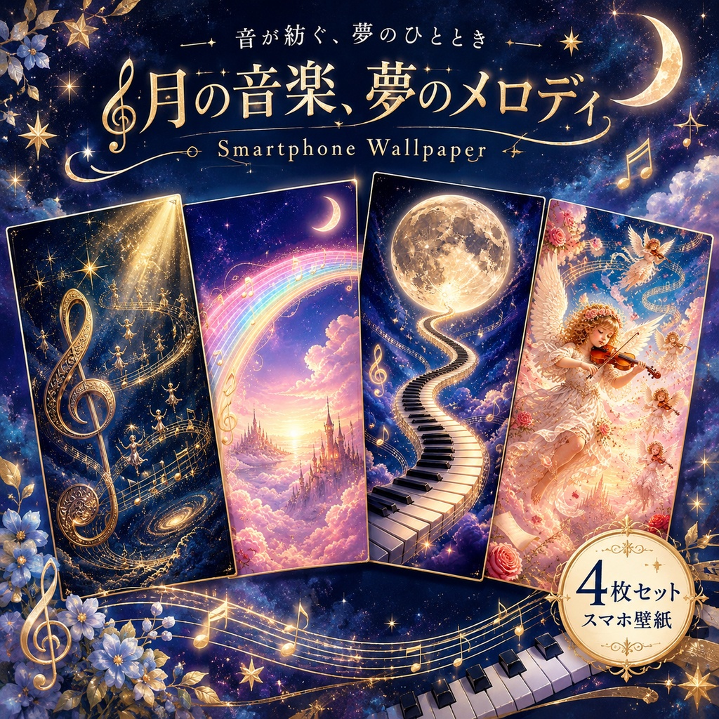 月の音楽、夢のメロディ｜幻想的なスマホ壁紙4枚セット