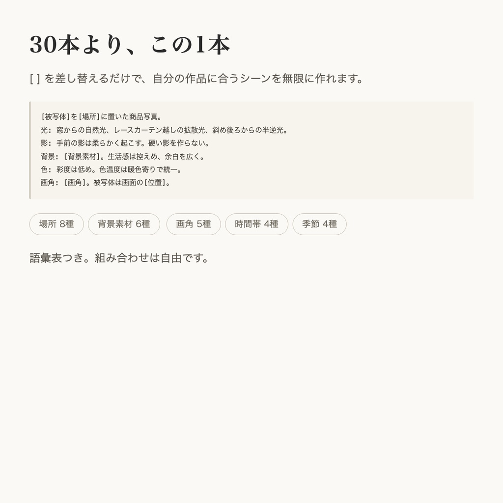 AI背景写真プロンプト集 30シーン|ハンドメイド・雑貨の商品撮影に|Creema・minne対応