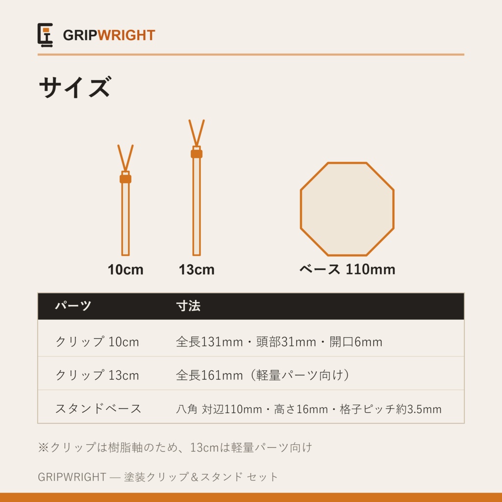 【STLデータ】塗装クリップ&スタンドセット 金属バネ不要の全3Dプリント式 塗装持ち手10cm/13cm+格子ベース 模型塗装