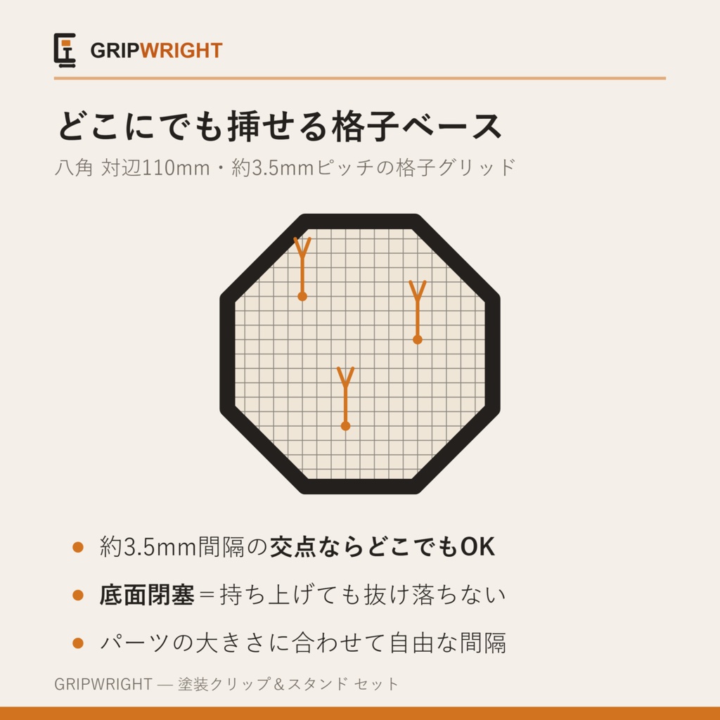 【STLデータ】塗装クリップ&スタンドセット 金属バネ不要の全3Dプリント式 塗装持ち手10cm/13cm+格子ベース 模型塗装