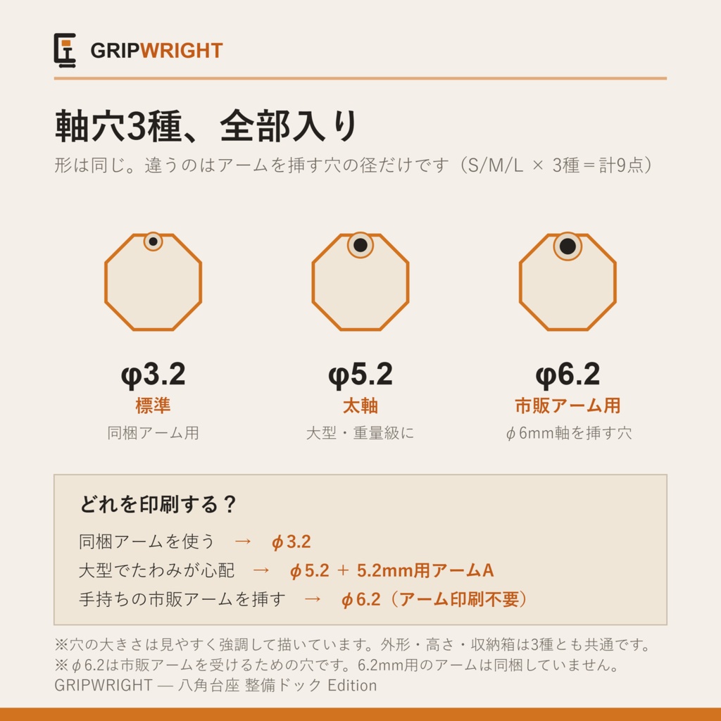 【STLデータ】八角台座フルセット 整備ドック Edition 3サイズ(S/M/L)+サポートアーム付 軸穴3種同梱 ディスプレイベース 3Dプリント