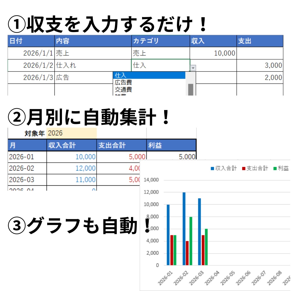 入力するだけ|副業の売上・経費を自動集計する収支管理Excel
