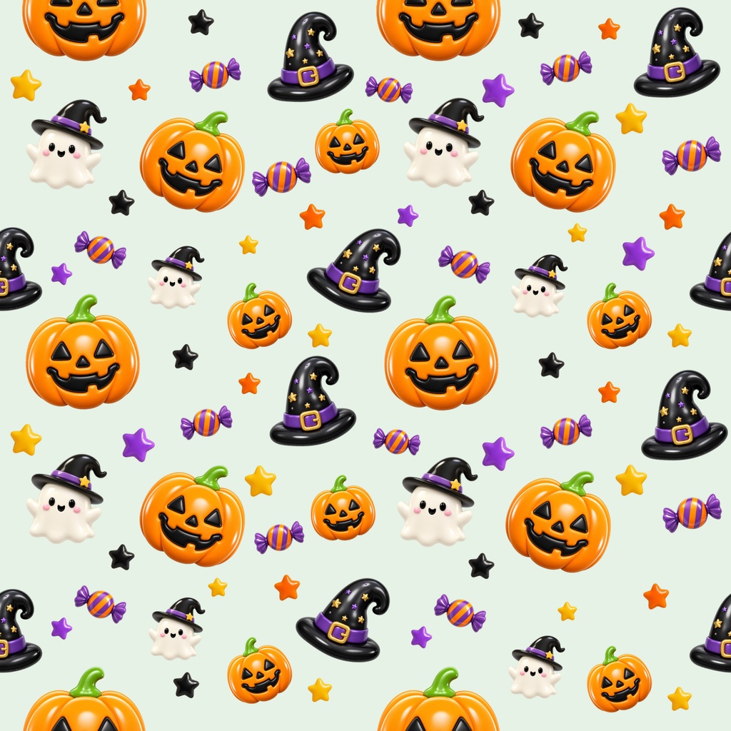 ぷっくりハロウィン デジタルペーパー|シームレスパターン 12枚セット|かぼちゃ・おばけ・魔女・キャンディ
