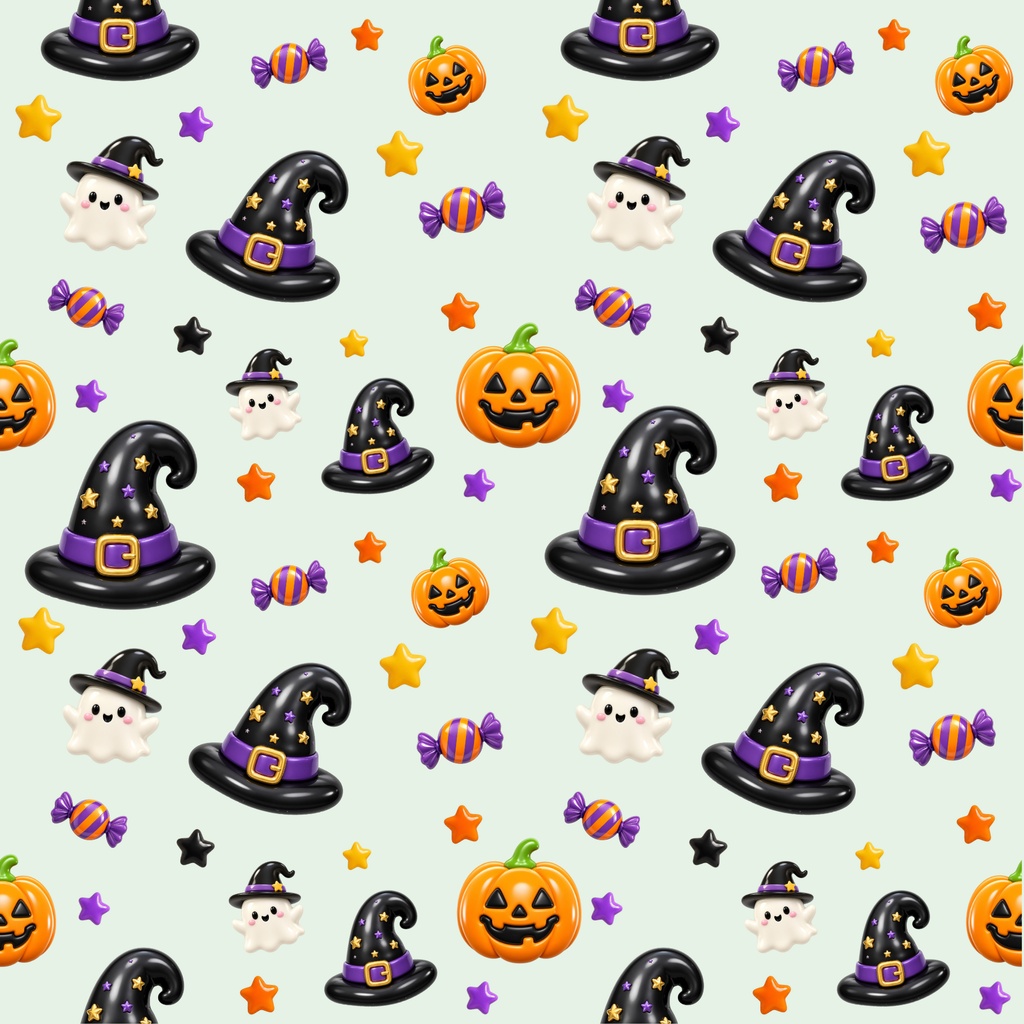 ぷっくりハロウィン デジタルペーパー|シームレスパターン 12枚セット|かぼちゃ・おばけ・魔女・キャンディ