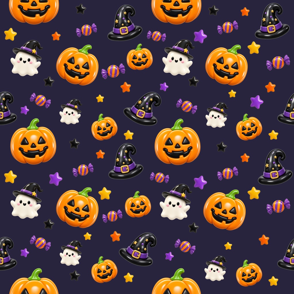 ぷっくりハロウィン デジタルペーパー|シームレスパターン 12枚セット|かぼちゃ・おばけ・魔女・キャンディ