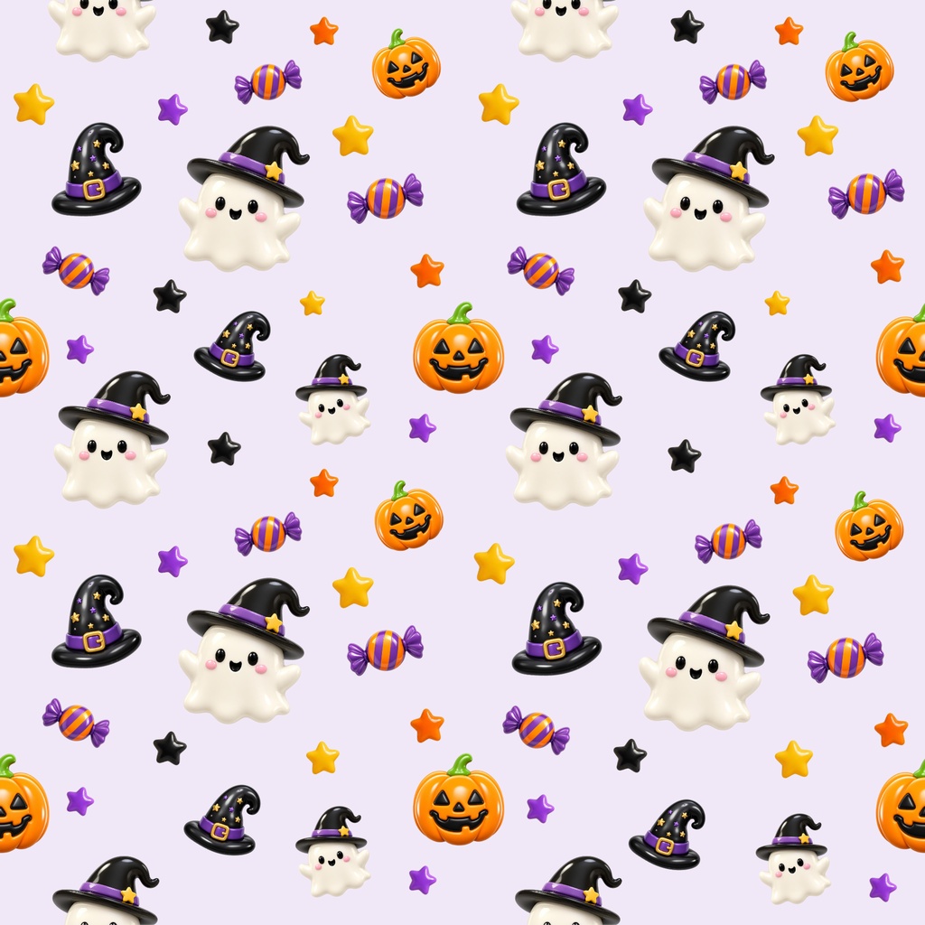 ぷっくりハロウィン デジタルペーパー|シームレスパターン 12枚セット|かぼちゃ・おばけ・魔女・キャンディ