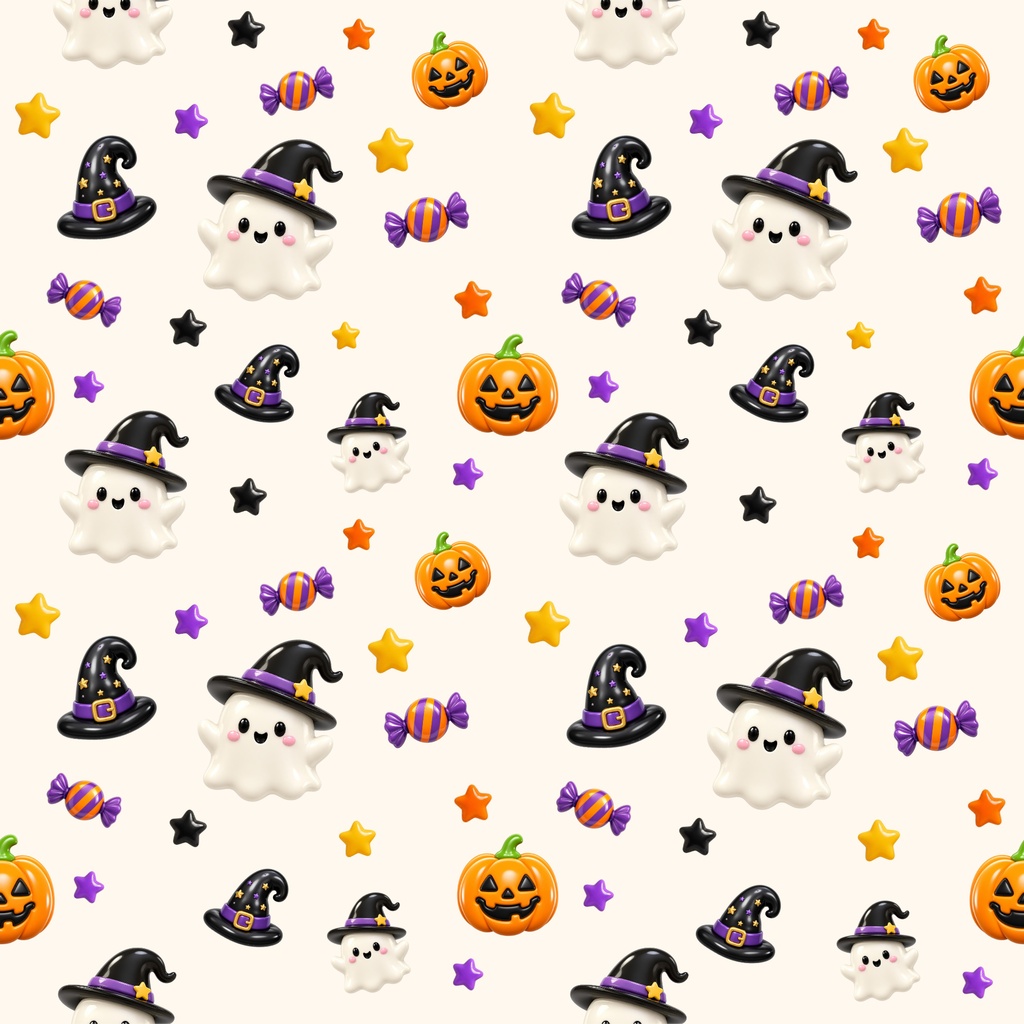 ぷっくりハロウィン デジタルペーパー|シームレスパターン 12枚セット|かぼちゃ・おばけ・魔女・キャンディ