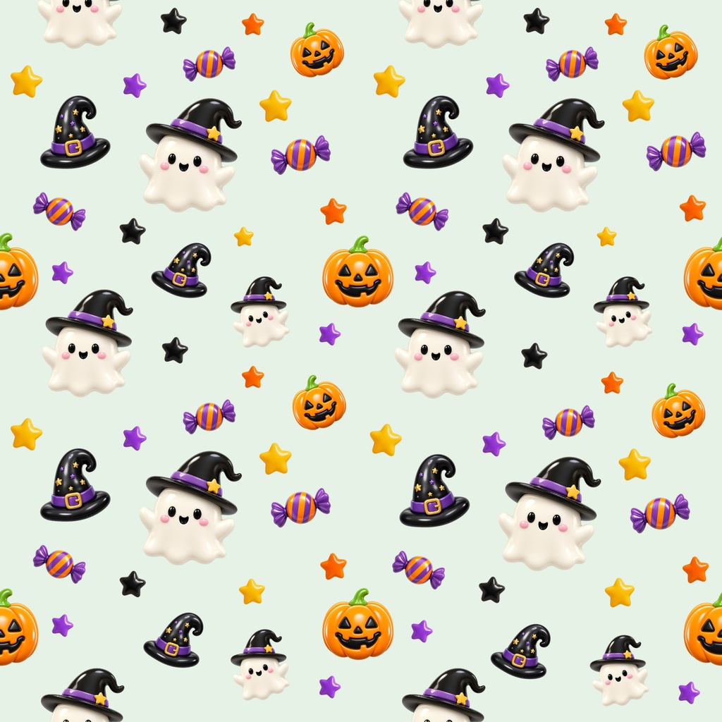ぷっくりハロウィン デジタルペーパー|シームレスパターン 12枚セット|かぼちゃ・おばけ・魔女・キャンディ
