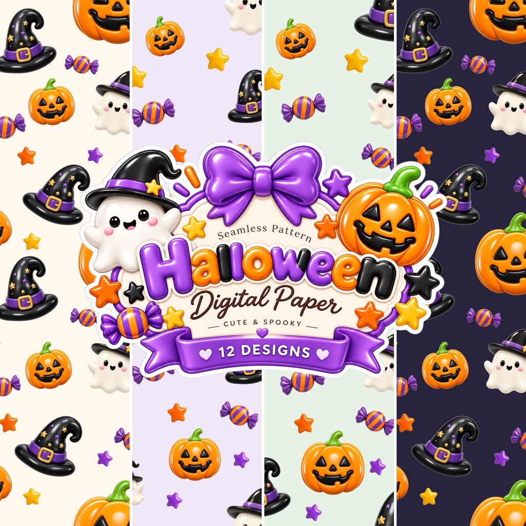 ぷっくりハロウィン デジタルペーパー｜シームレスパターン 12枚セット｜かぼちゃ・おばけ・魔女・キャンディ