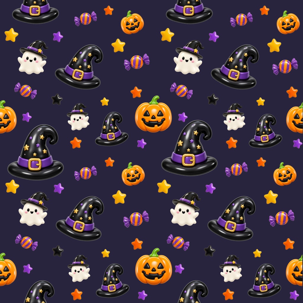 ぷっくりハロウィン デジタルペーパー|シームレスパターン 12枚セット|かぼちゃ・おばけ・魔女・キャンディ