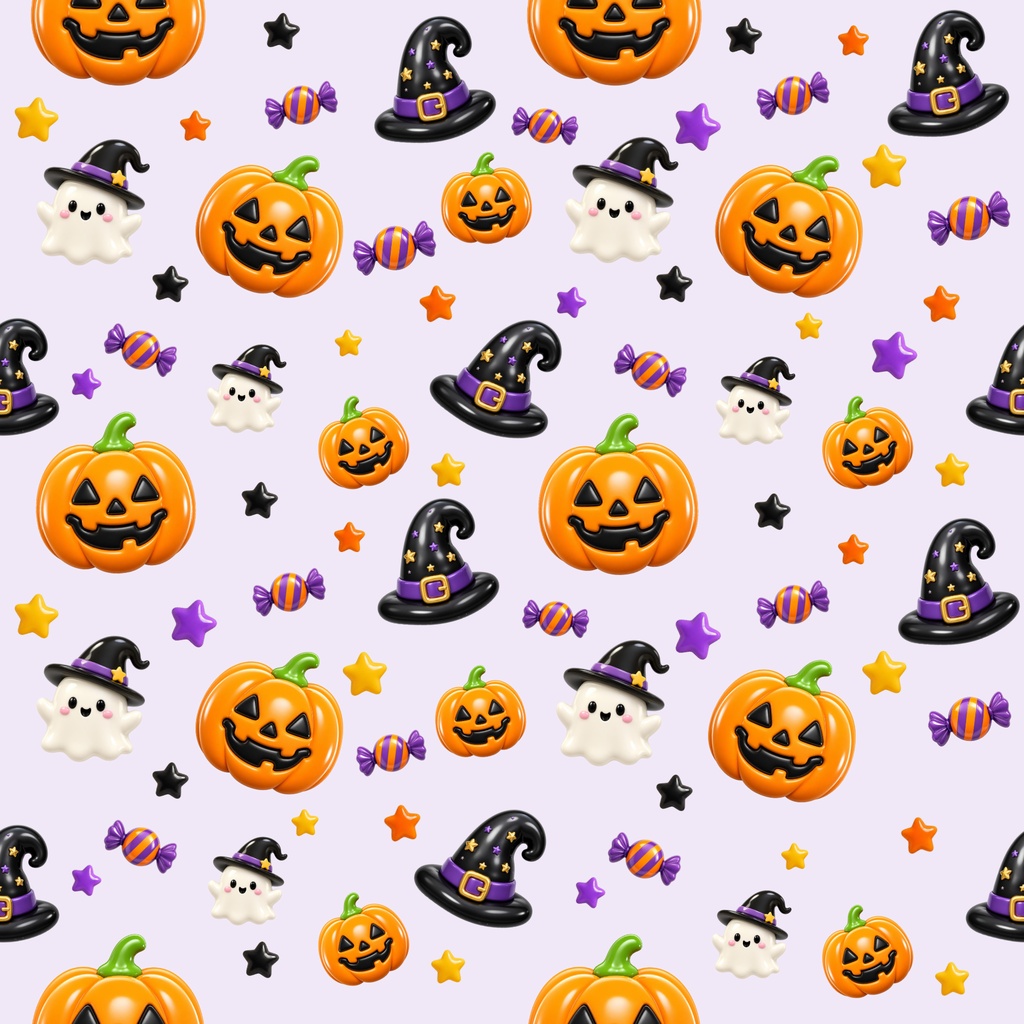 ぷっくりハロウィン デジタルペーパー|シームレスパターン 12枚セット|かぼちゃ・おばけ・魔女・キャンディ