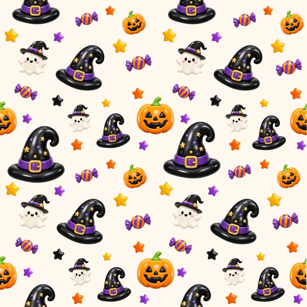 ぷっくりハロウィン デジタルペーパー|シームレスパターン 12枚セット|かぼちゃ・おばけ・魔女・キャンディ