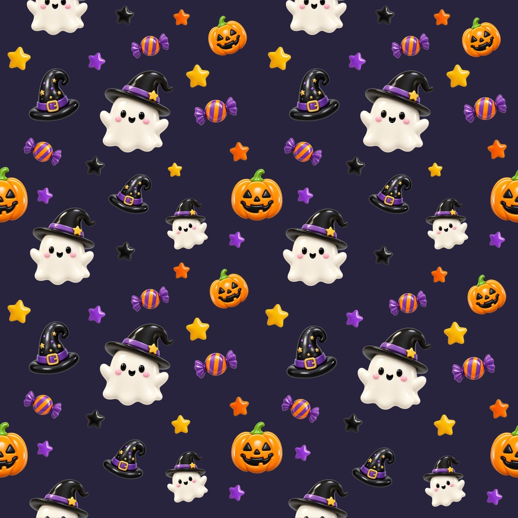 ぷっくりハロウィン デジタルペーパー|シームレスパターン 12枚セット|かぼちゃ・おばけ・魔女・キャンディ
