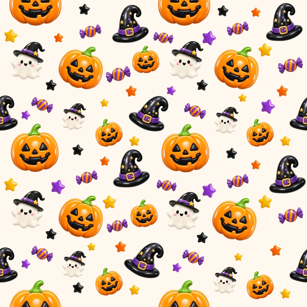 ぷっくりハロウィン デジタルペーパー|シームレスパターン 12枚セット|かぼちゃ・おばけ・魔女・キャンディ