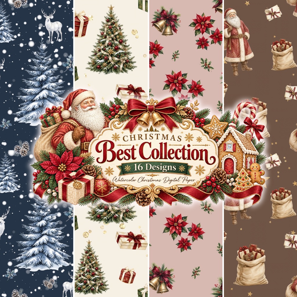 クリスマス デジタルペーパー 16枚セット｜Christmas Best Collection｜水彩・ヴィンテージ・冬素材