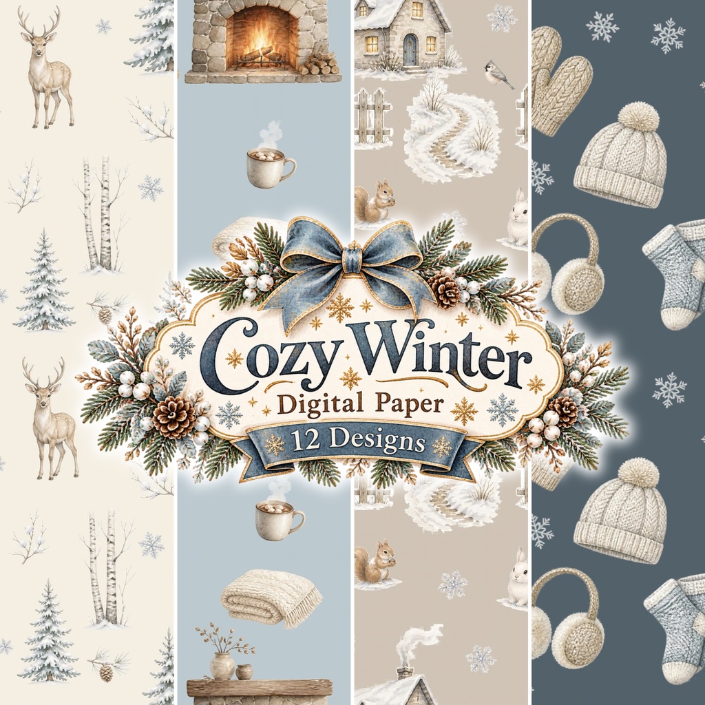 【冬の水彩】Cozy Winter デジタルペーパー 16枚｜雪・鹿・暖炉・ニット・冬の森｜背景素材・コラージュ