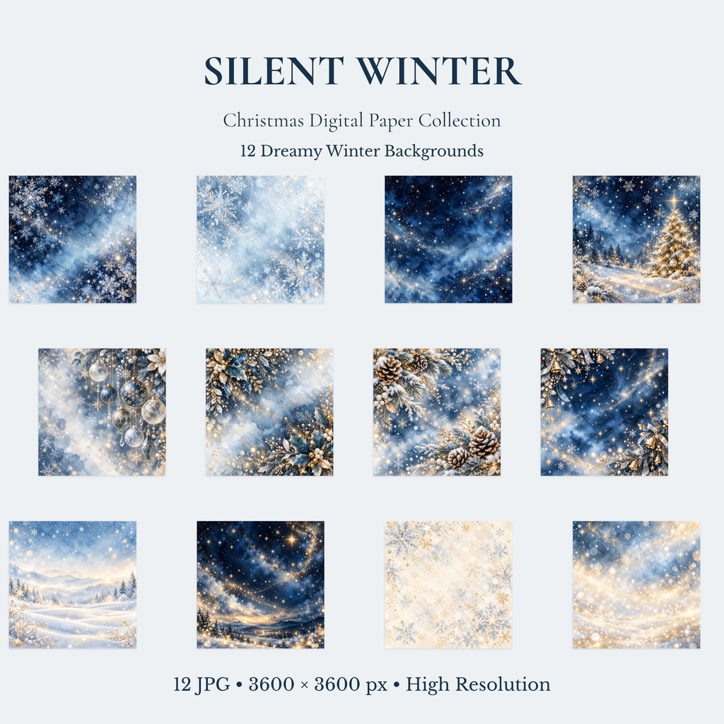 冬・クリスマス デジタルペーパー 12枚｜Silent Winter｜水彩・雪・ブルー背景素材