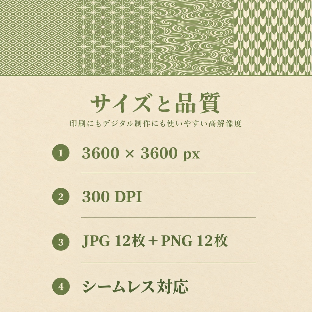 【シームレス和柄12種】日本の伝統文様デジタルペーパー|薄萌黄 × 生成り|3600px・300DPI・商用利用可