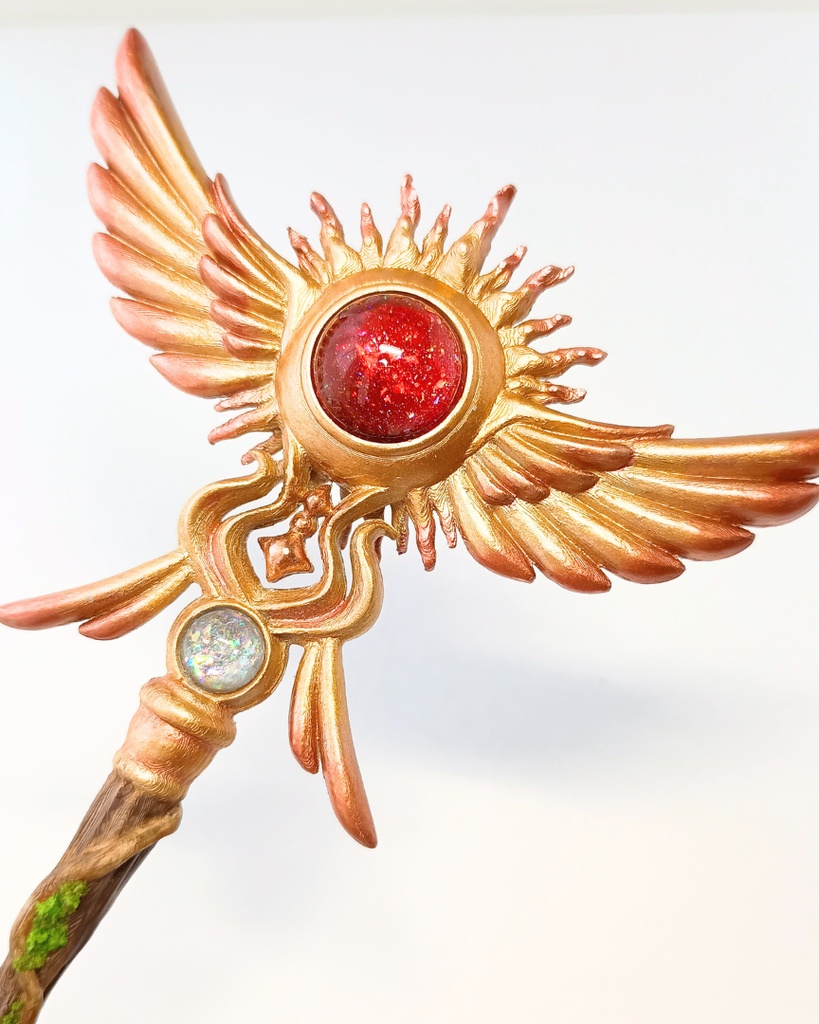 アンティーク調🌞上品なゴールド色と２種の魔石輝く魔法の杖【太陽の杖】