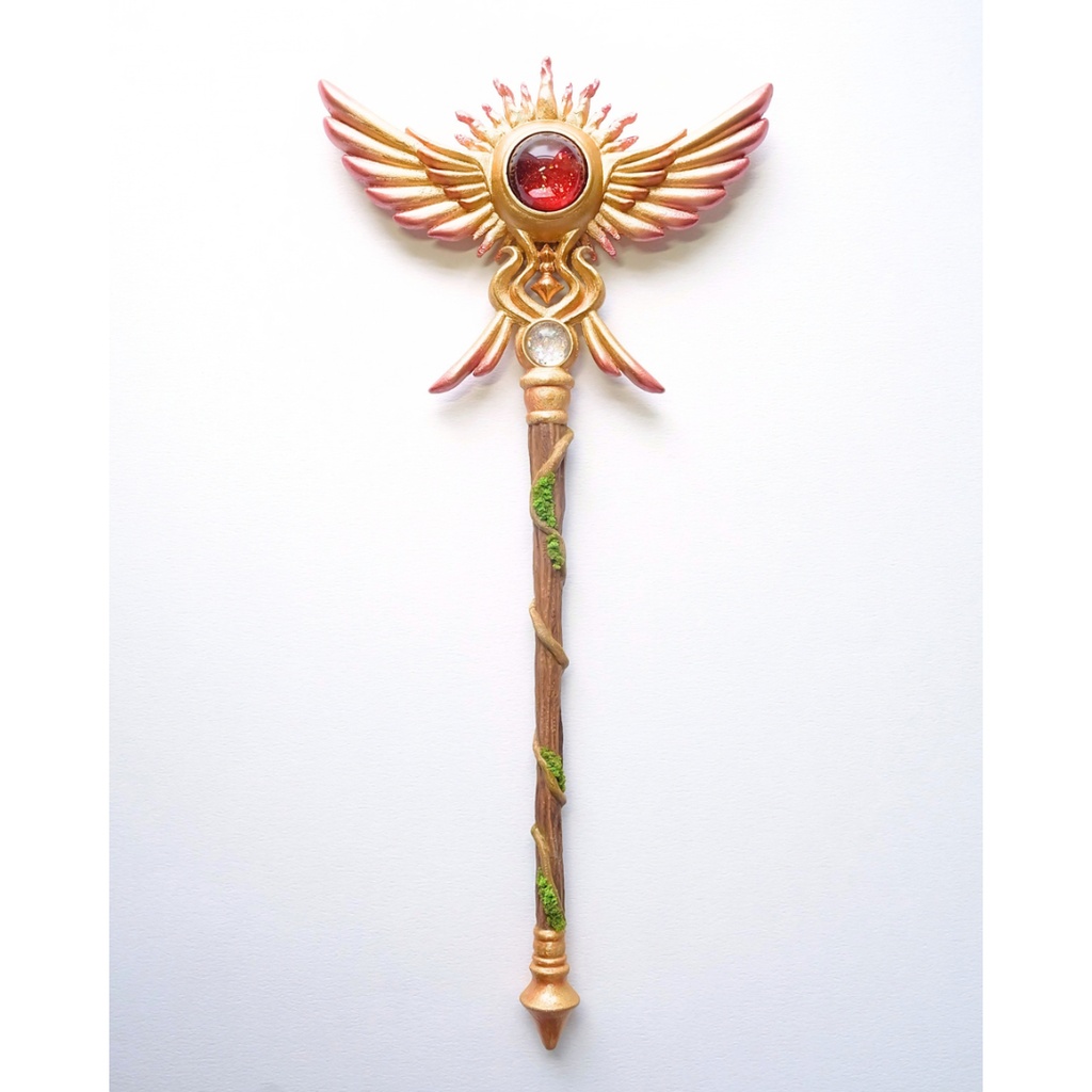 アンティーク調🌞上品なゴールド色と２種の魔石輝く魔法の杖【太陽の杖】