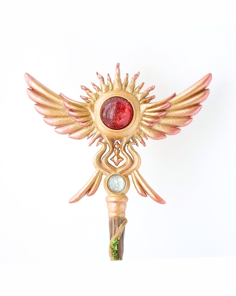 アンティーク調🌞上品なゴールド色と２種の魔石輝く魔法の杖【太陽の杖】