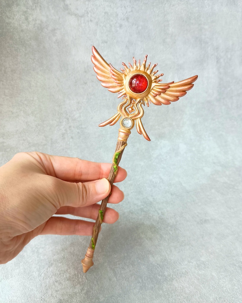 アンティーク調🌞上品なゴールド色と２種の魔石輝く魔法の杖【太陽の杖】