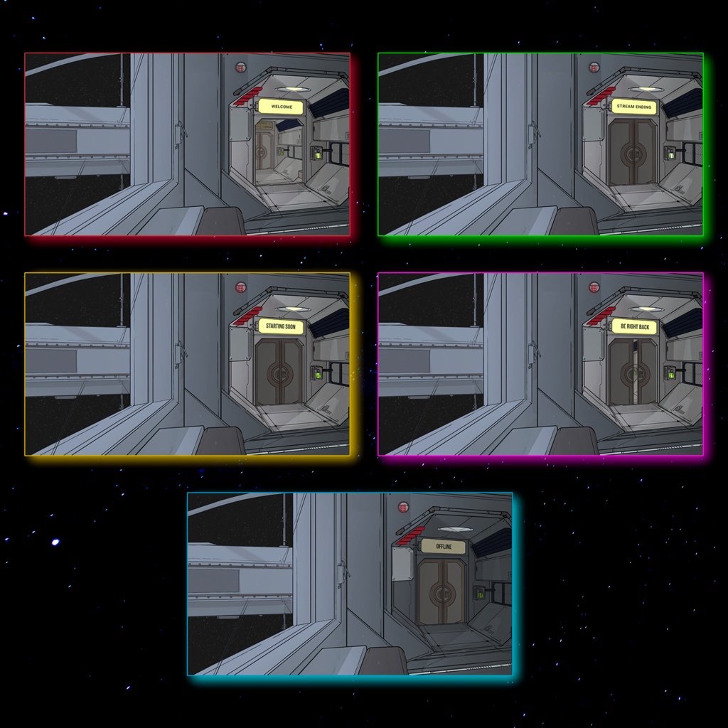【配信画面セット】レトロアニメ 宇宙ステーション 5種 ループ(Starting Soon / Welcome / BRB / Offline / Ending)