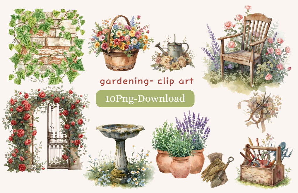 ガーデニングのある暮らし♪ 水彩イラスト10種セット（透過PNG）