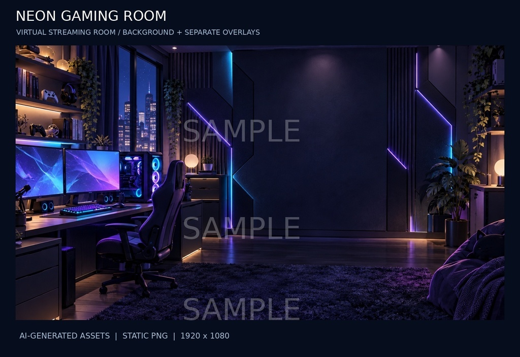 【配信素材】NEON GAMING ROOM|青紫ネオンのゲーミング部屋背景+コメント枠・SNS欄【AI生成素材使用】