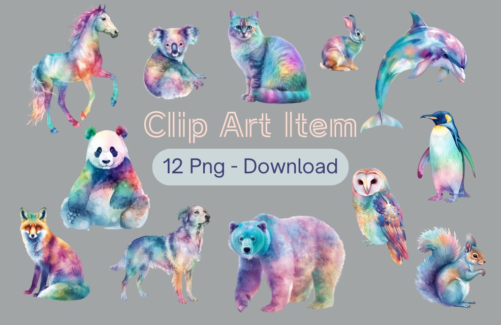 水彩画風オーロラアニマルクリップアート 12点セット(PNG透過)
