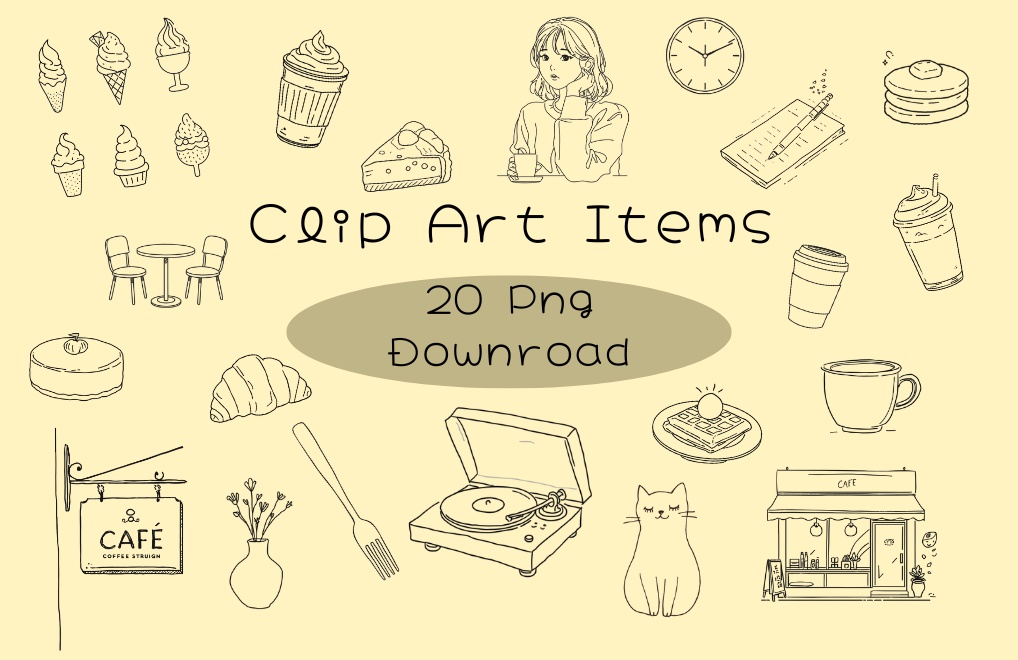 韓国風お洒落カフェ・線画モノクロクリップアート20点セット(PNG透過)