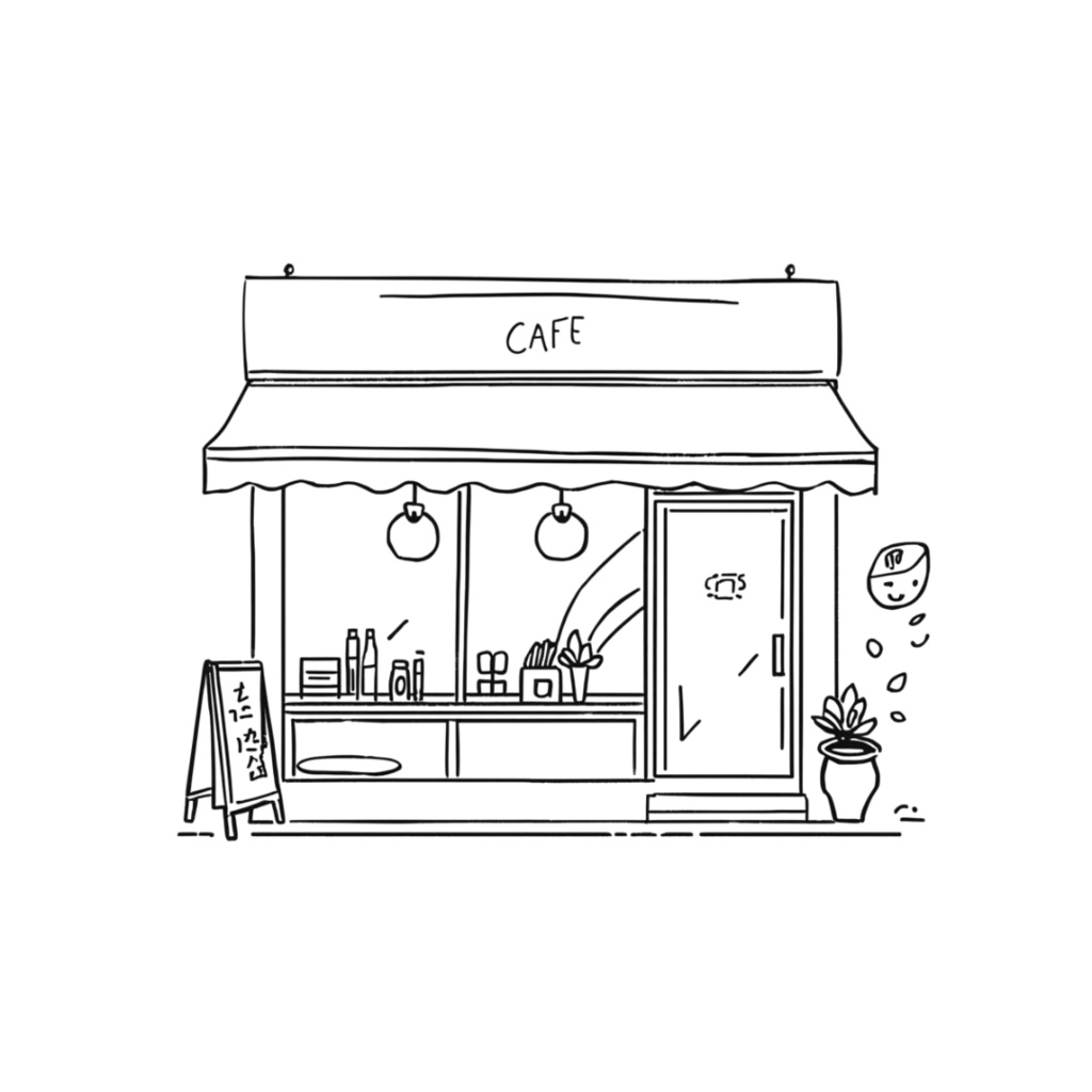 韓国風お洒落カフェ・線画モノクロクリップアート20点セット(PNG透過)