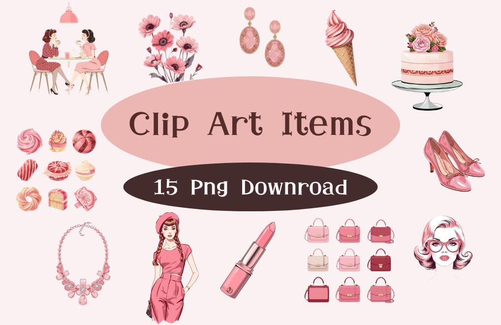 60年代風レトロピンクイラスト|クリップアート15点セット(PNG透過)