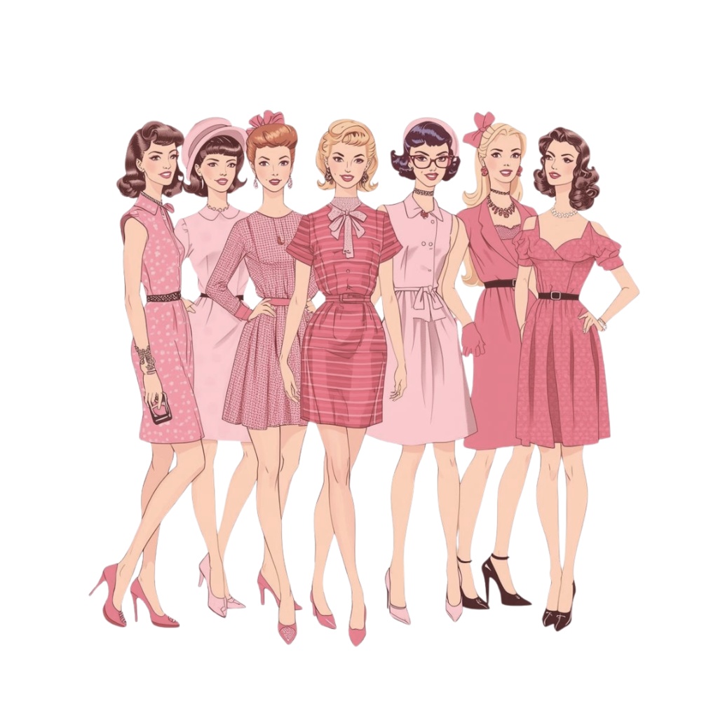 60年代風レトロピンクイラスト|クリップアート15点セット(PNG透過)