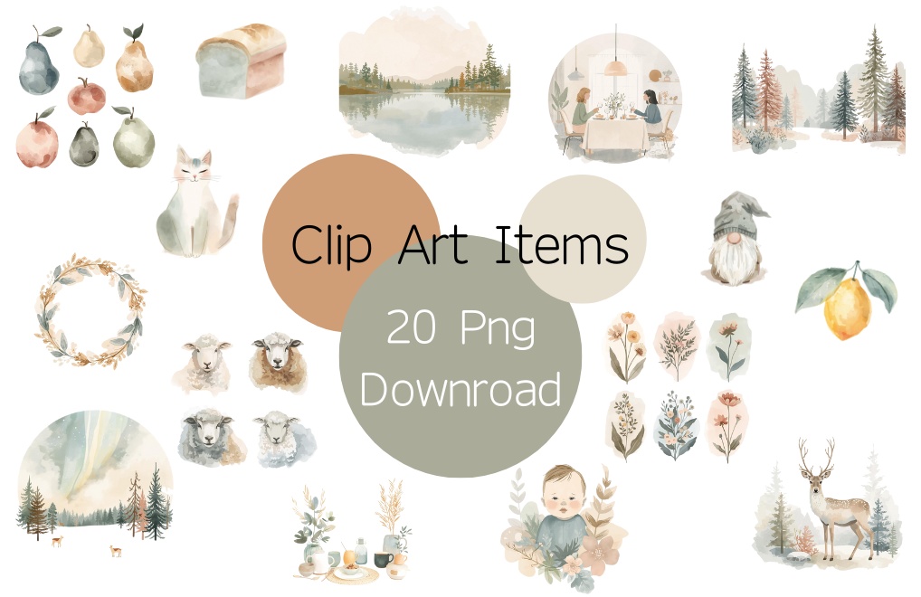 Nordic Bloom｜北欧風 お洒落でかわいい水彩クリップアート（PNG透過）