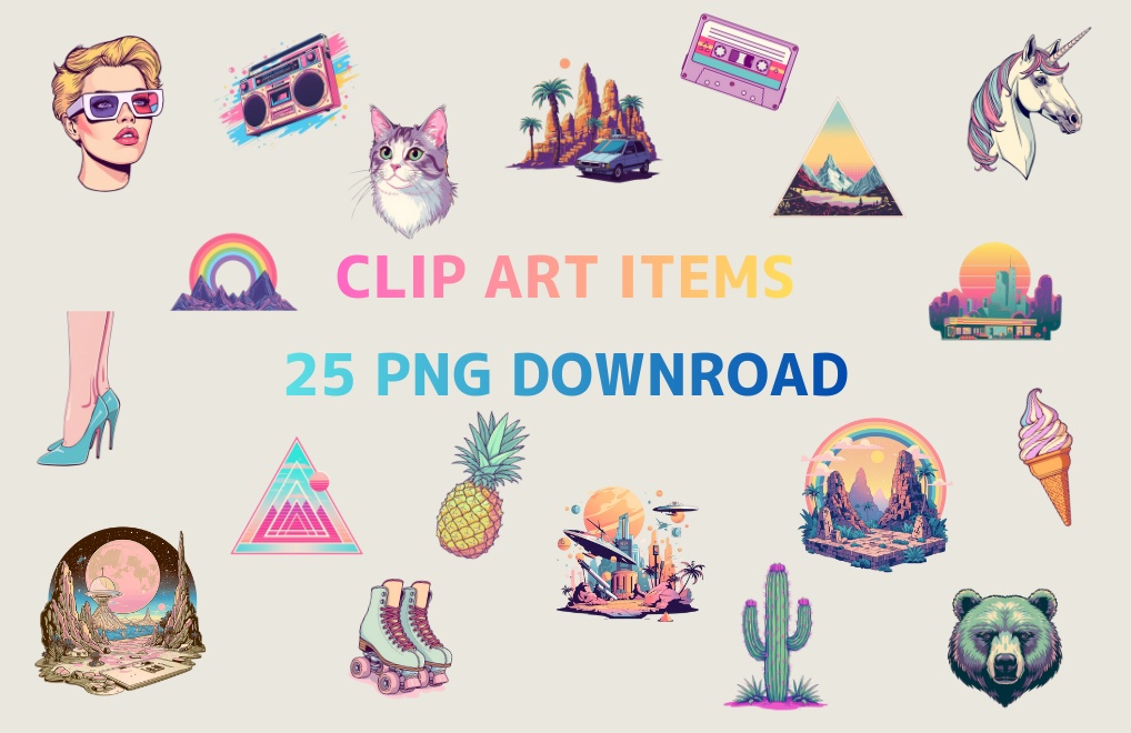 80年代風レトロアメリカン・カラフルクリップアート（PNG透過）