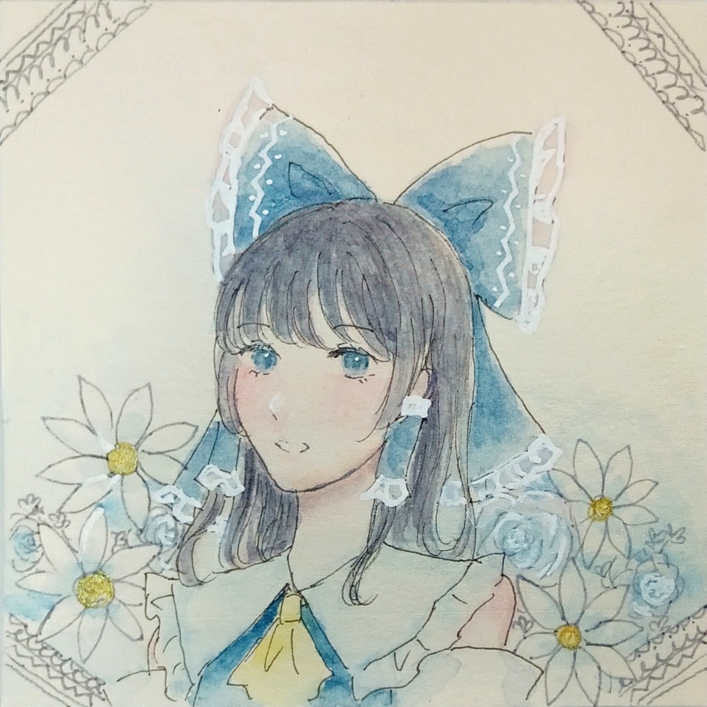 東方project 霊夢 手描きイラスト アナログイラスト 青霊夢