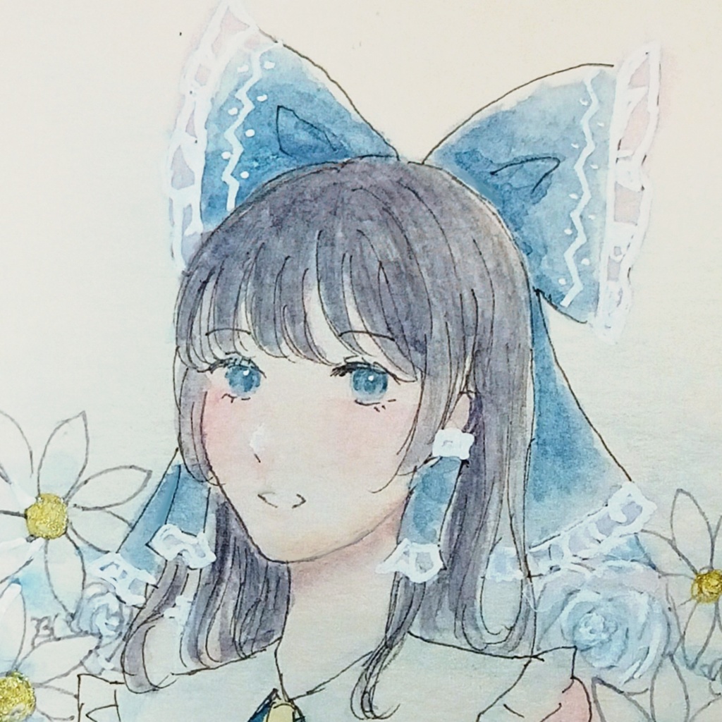 東方project　霊夢　手描きイラスト　アナログイラスト　青霊夢
