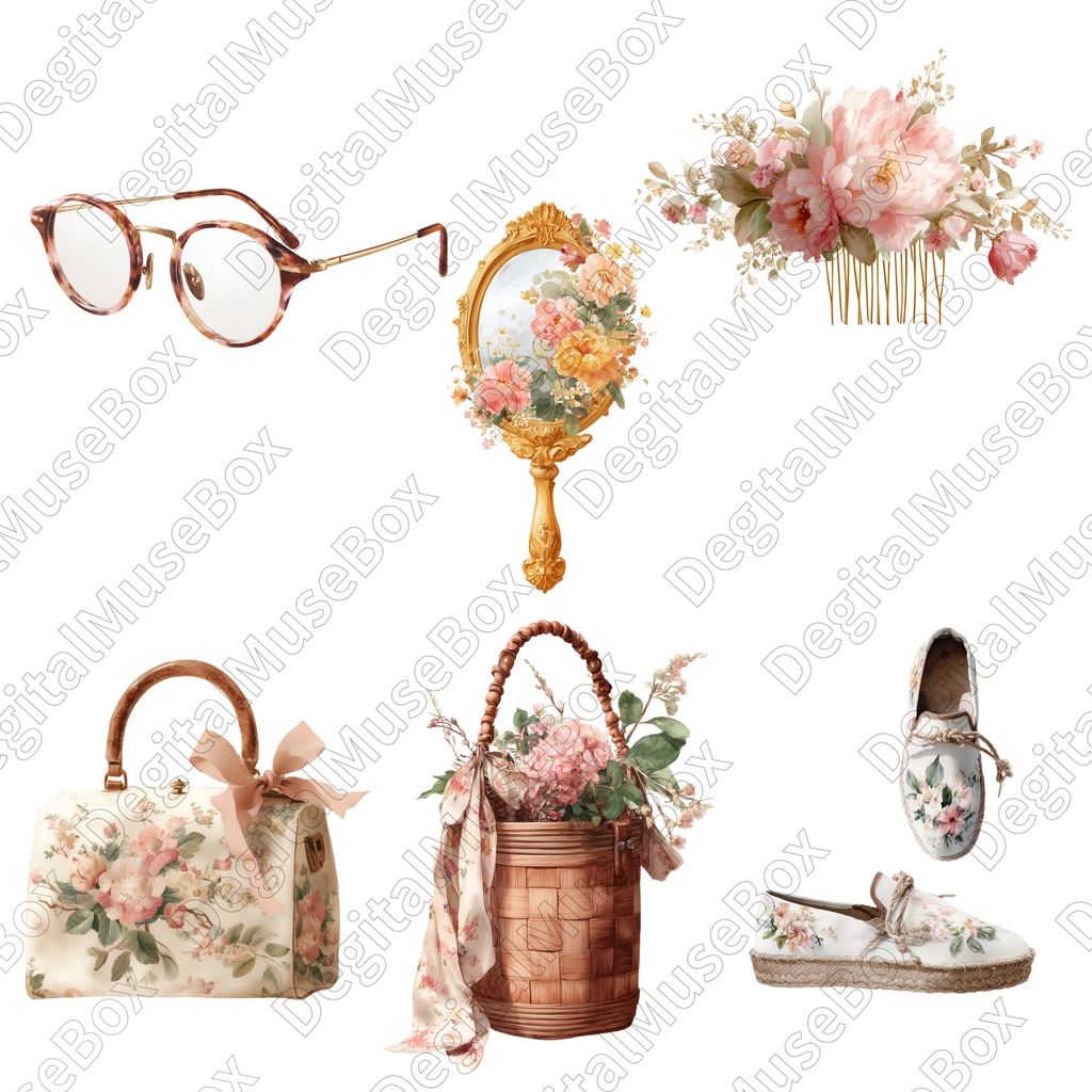 花刺繍の女の子のファッションクリップアート22点セット