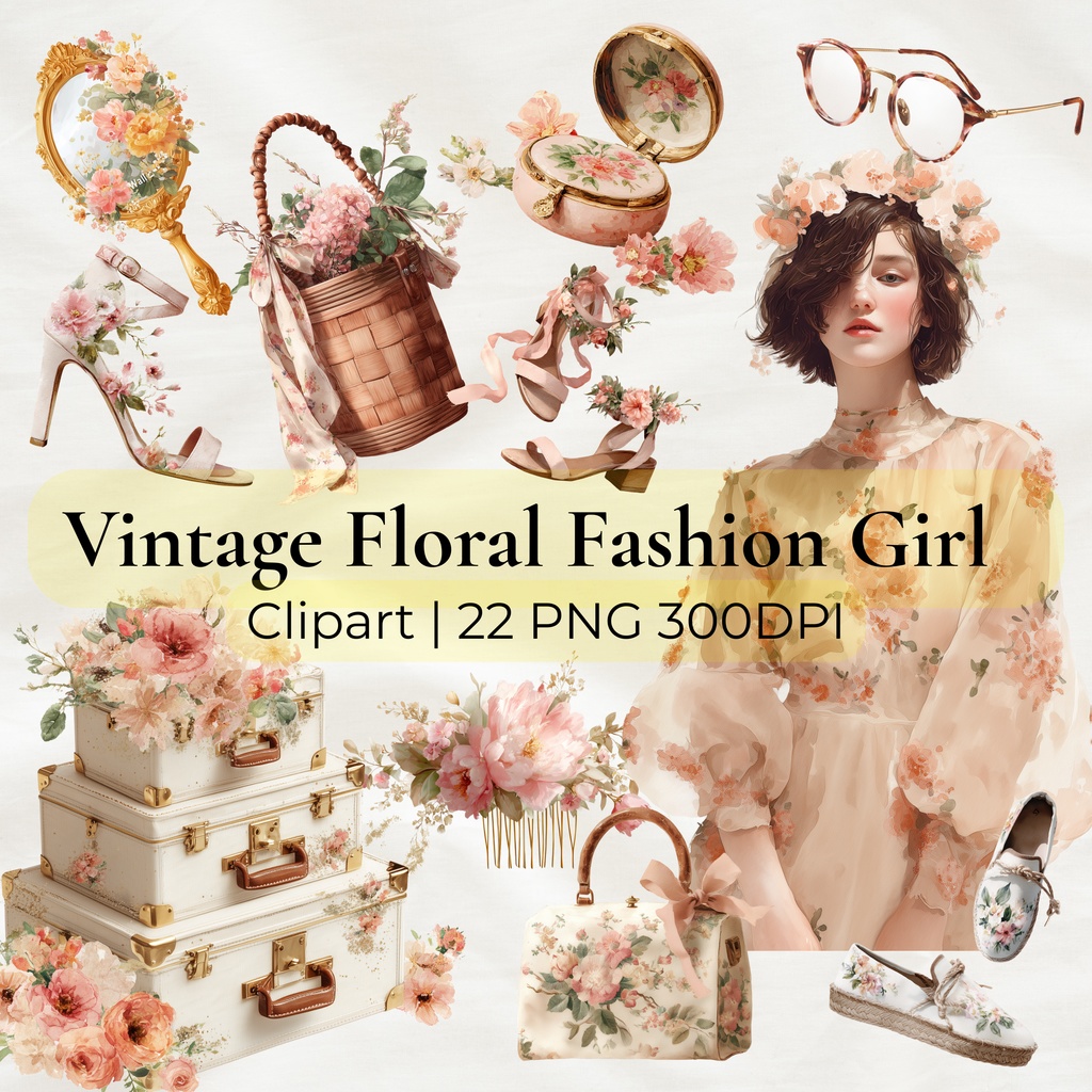 花刺繍の女の子のファッションクリップアート22点セット