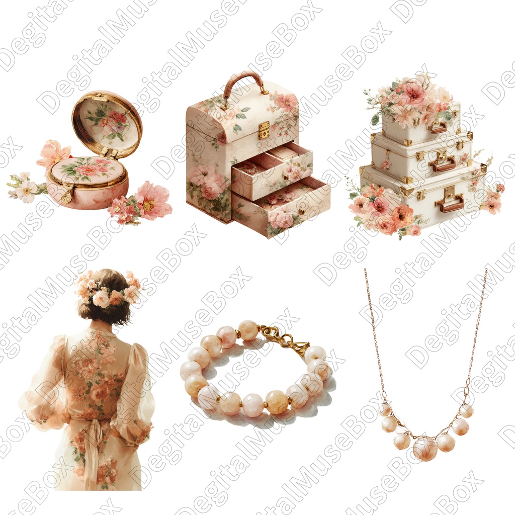 花刺繍の女の子のファッションクリップアート22点セット