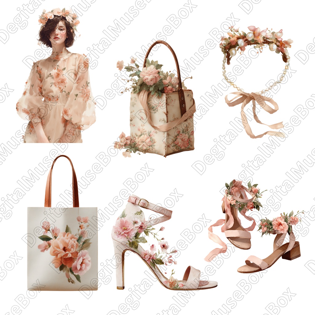 花刺繍の女の子のファッションクリップアート22点セット