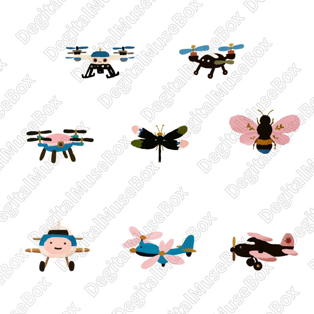 可愛い子供大人ドローン&飛行機クリップアート99種類セット
