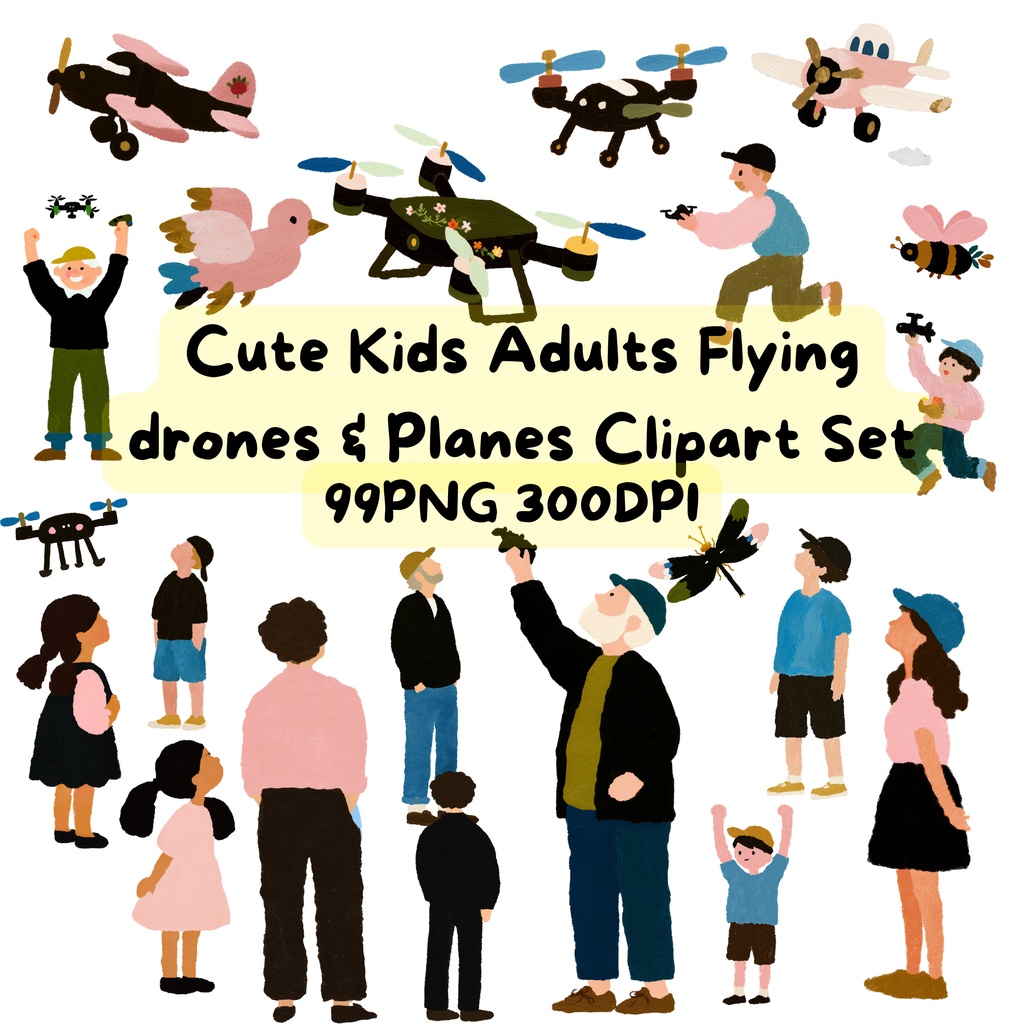 可愛い子供大人ドローン＆飛行機クリップアート９９種類セット 