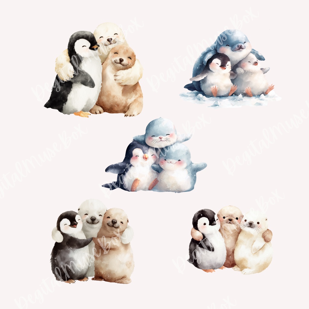 可愛い動物たちが頰をぎゅっとくっつけて温かくハグする水彩クリップアートパック