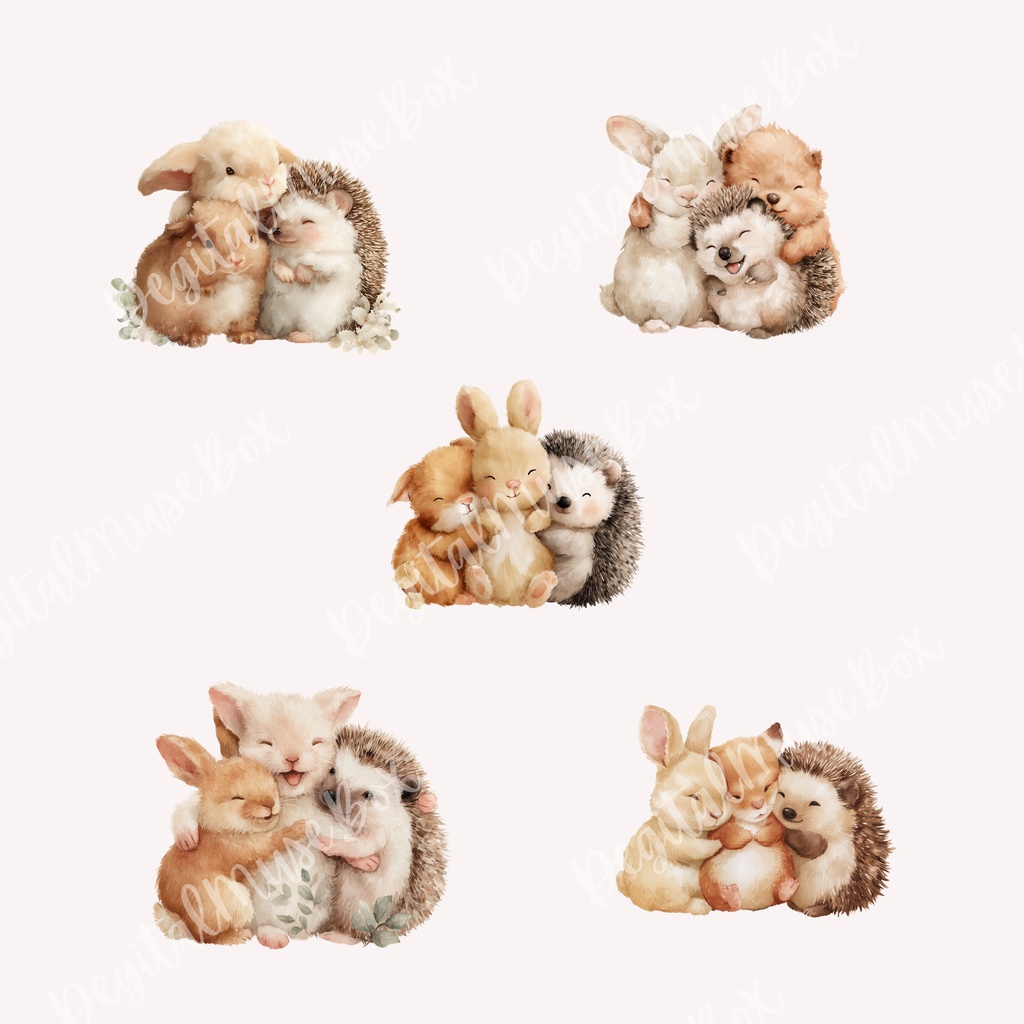 可愛い動物たちが頰をぎゅっとくっつけて温かくハグする水彩クリップアートパック